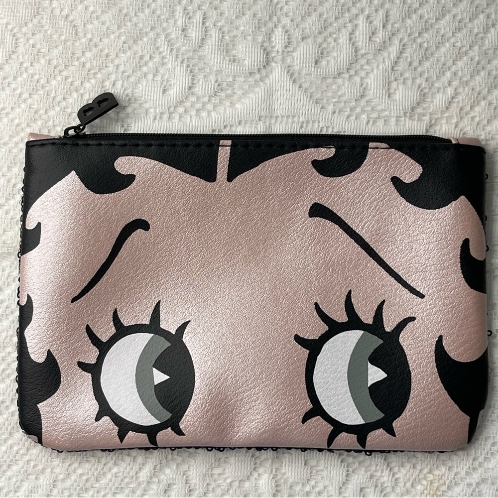 Betty boop Ipsy cosmetic makeup bag pouch zipper pink shimmer face back=sequins